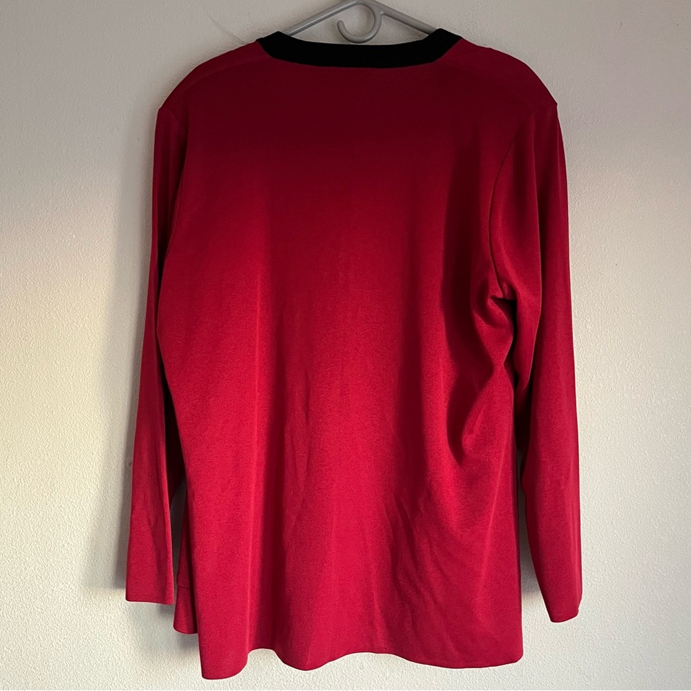 Exclusively Misook 2 Piece Set Tank Top Long Sleeve Cardigan Red Black Trim 1x - Picture 6 of 7